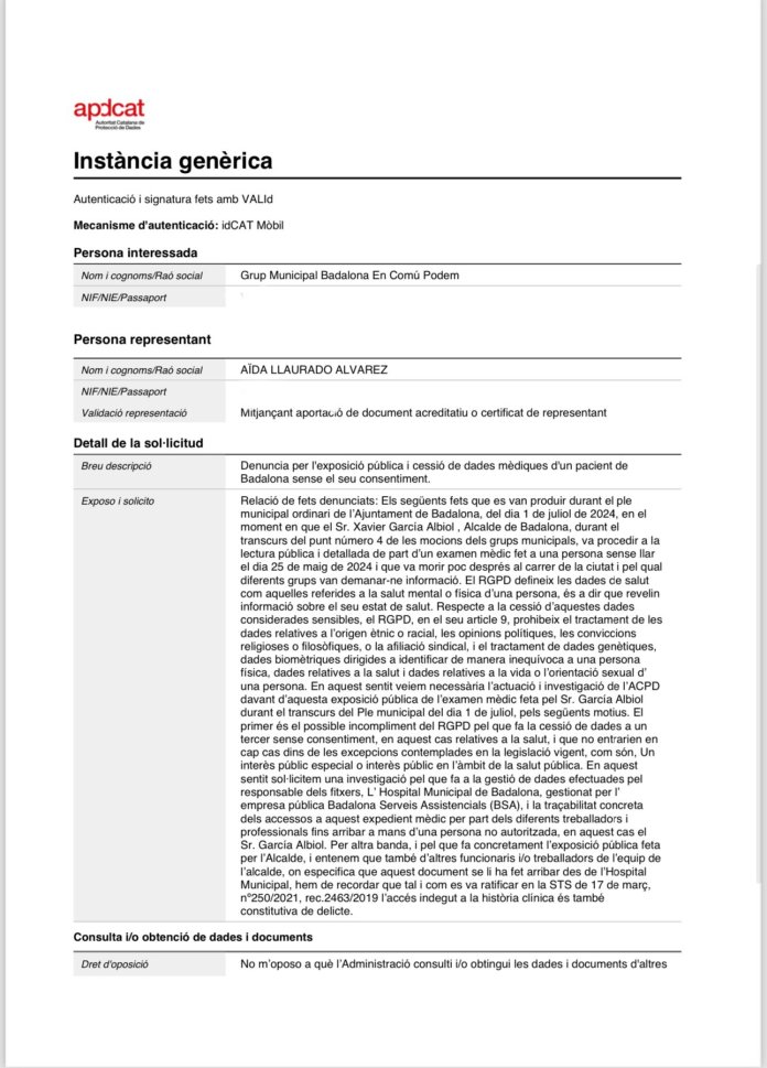Denuncia ACPD Comuns Badalona vs Albiol informe mèdic